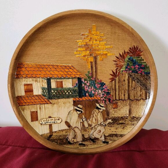 Handmade Other - Vintage Colombia Tamo Art Wooden Plate 8” Hand Painted Signed C Sanchez Pasto